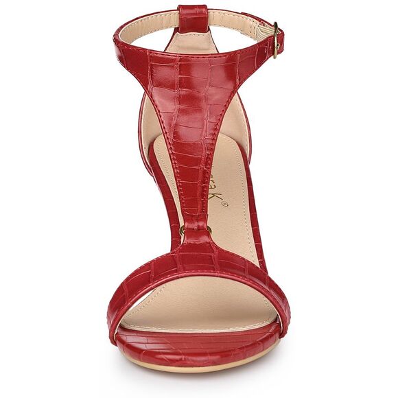 Women's T Strap Embossed Kitten Heel Sandals Red - Picture 2 of 6